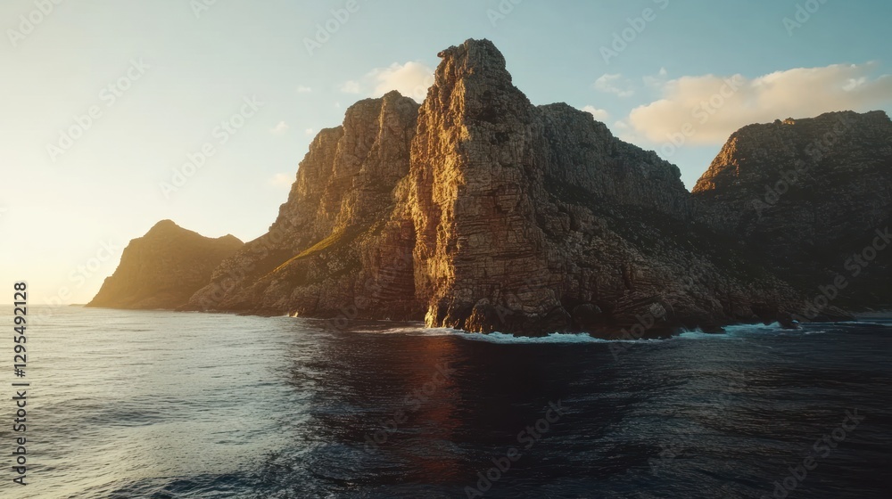 Naklejka premium Coastal mountain range meeting the ocean bathed in sunlight