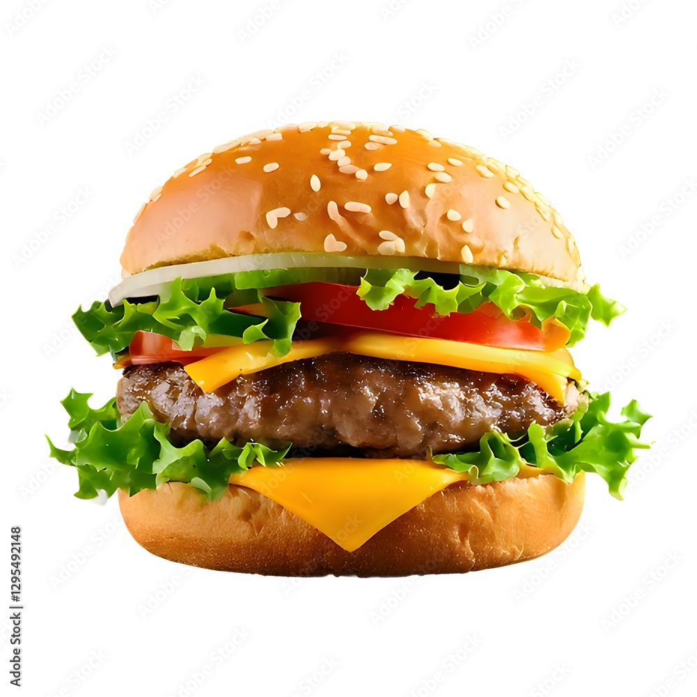 Classic cheeseburger with lettuce, tomato, onion, and melted cheese, juicy beef patty, sesame seed bun, fast food, gourmet burger, American cuisine, isolated on white, fresh ingredients, Classic cheeseburger with lettuce, tomato, onion, and melted cheese, juicy beef patty, sesame seed bun, fast food, gourmet burger, American cuisine, isolated on white, fresh ingredients,