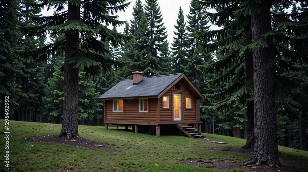 A cabin in the woods with a porch and a bench. The cabin is surrounded by trees and has a green roof A cabin in the woods with a porch and a bench. The cabin is surrounded by trees and has a green roof
