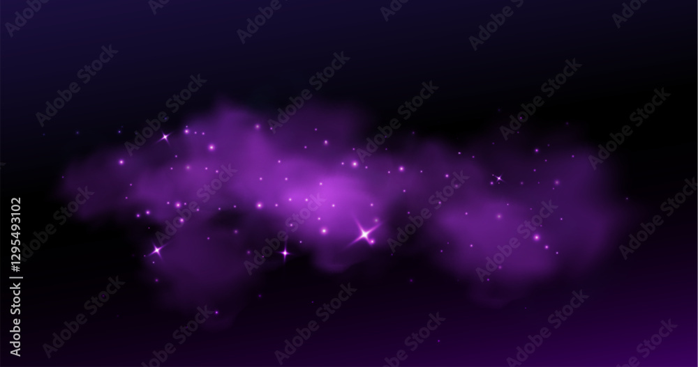 Sparkly purple smoke cloud or fog on dark background. Magical mist with glowing particles and stars. Fantasy nebula texture. Mysterious hazy effect for mystical designs or fairy tale illustrations.