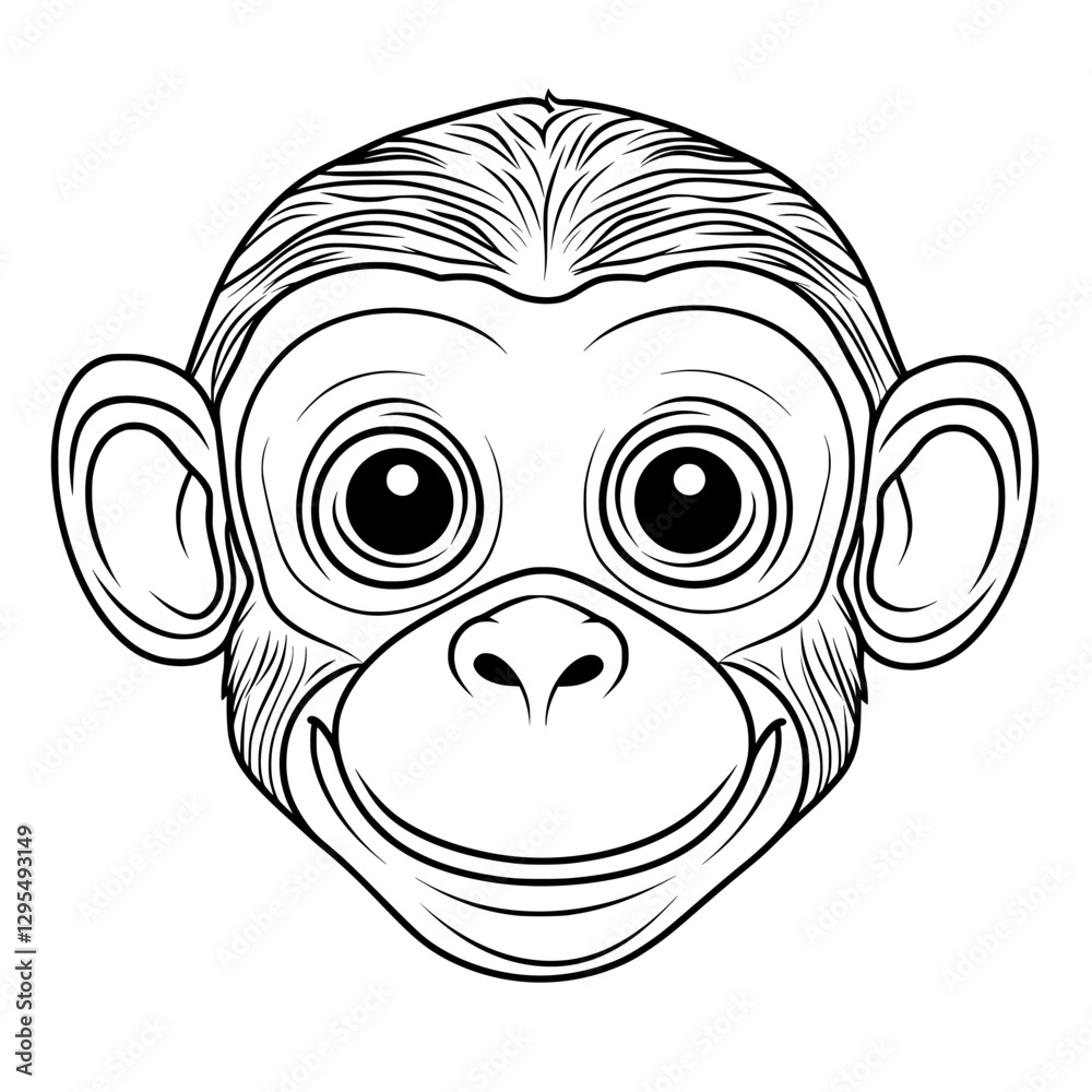 Monkey's Monochromatic Smile: A charming cartoon illustration of a monkey's face in grayscale, showcasing its expressive eyes, and friendly smile. Monkey's Monochromatic Smile: A charming cartoon illustration of a monkey's face in grayscale, showcasing its expressive eyes, and friendly smile.