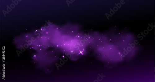 Sparkly purple smoke cloud or fog on dark background. Magical mist with glowing particles and stars. Fantasy nebula texture. Mysterious hazy effect for mystical designs or fairy tale illustrations.