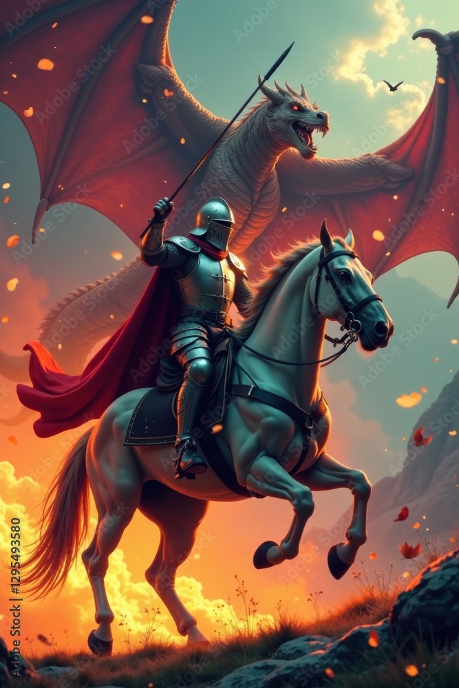 Fototapeta premium Knight in armor riding horse charging towards dragon with flames in background , armor, heroic, rider