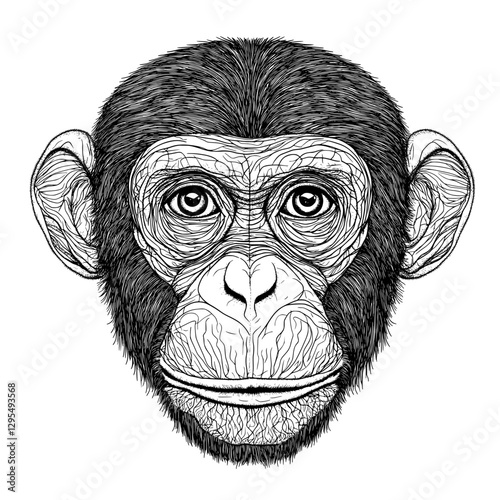 Chimpanzee Portrait: A meticulously detailed illustration of a chimpanzee's expressive face, rendered in stark black and white.