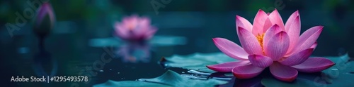 Pink lotus flower with subtle ripples on dark blue water surface, floral, tropical