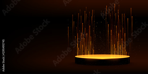 Luxury black podium with rising golden light beams and glowing particles on dark background. Elegant display platform illuminated by vertical rays and shimmering dust for premium presentation.