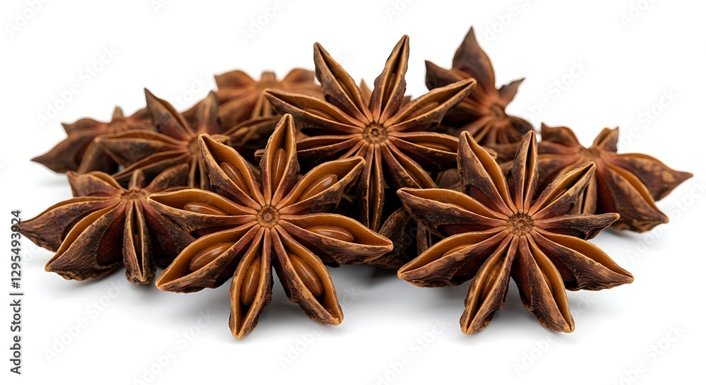 A collection of dried star anise with deep brown tones on a white backdrop A collection of dried star anise with deep brown tones on a white backdrop