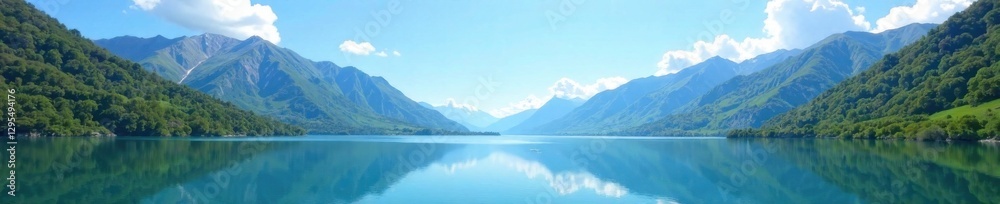 Landscape with serene lake and surrounding mountains under clear blue sky, mountain landscapes, calm atmosphere, scenic views Landscape with serene lake and surrounding mountains under clear blue sky, mountain landscapes, calm atmosphere, scenic views