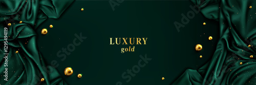 Green gold luxury abstract background with silk fabric draped along edges, metallic balls and golden glitter on emerald surface. Elegant banner design for premium product promotion or invitations.