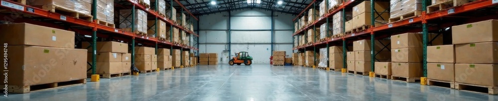 Naklejka premium Large Warehouse with Stacked Boxes and Shipping Containers, supplies, pallets, warehouse