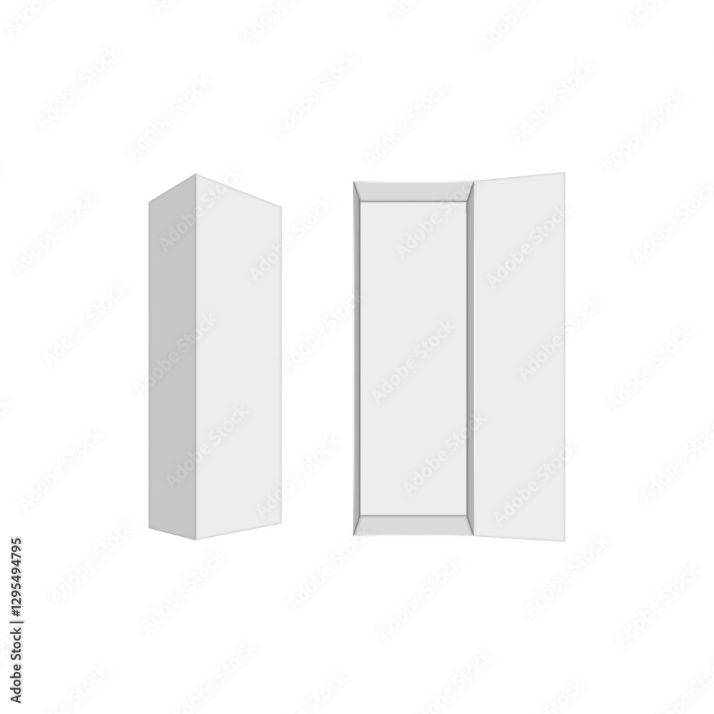 Tall blank cardboard box package 3d vector mockup for bottle packaging isometric and front view, isolated on a white background, open and closed views for branding, product presentation. Tall blank cardboard box package 3d vector mockup for bottle packaging isometric and front view, isolated on a white background, open and closed views for branding, product presentation.