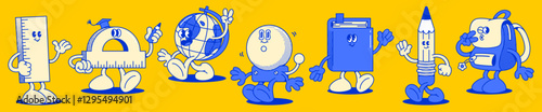 Groovy school mascots set isolated on yellow background. Vector cartoon illustration of cute retro ruler, globe, school bell, book, pencil and student bag characters smiling, waving hand, walking