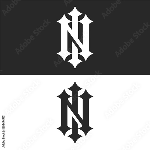 Gothic initials IN or NI letters monogram logo with sharp peaks geometric black and white serif font design, combination two letters N and I together for identity logotype, business or wedding cards.