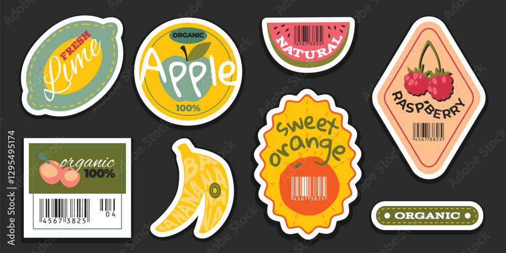 Retro fruit stickers set isolated on black background. Vector cartoon illustration of vintage organic food labels for lime, apple, watermelon, raspberry, orange, banana, peach, product quality badge