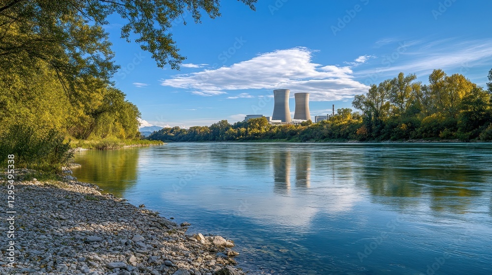 Serene riverbank with cooling towers in distance. Ideal for environmental, industrial, or energy themes. Serene riverbank with cooling towers in distance. Ideal for environmental, industrial, or energy themes.