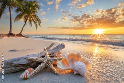 Fototapeta Naklejka Na Ścianę i Meble -  Serene tropical beach at sunset with palm trees, seashells, and driftwood on the sand