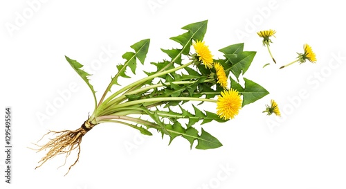 A freshly harvested dandelion plant with roots, leaves, and flowers isolated on white
