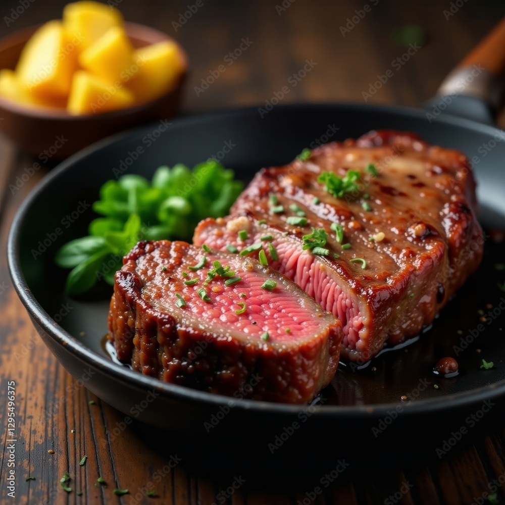 Juicy tomahawk steak slices, potatoes in rustic pan , delicious, angus beef, steak Juicy tomahawk steak slices, potatoes in rustic pan , delicious, angus beef, steak