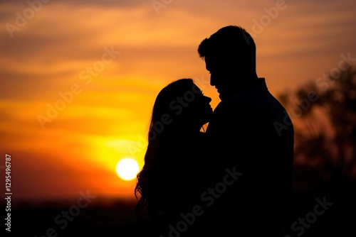romantic silhouette of a couple embracing at sunset outdoors