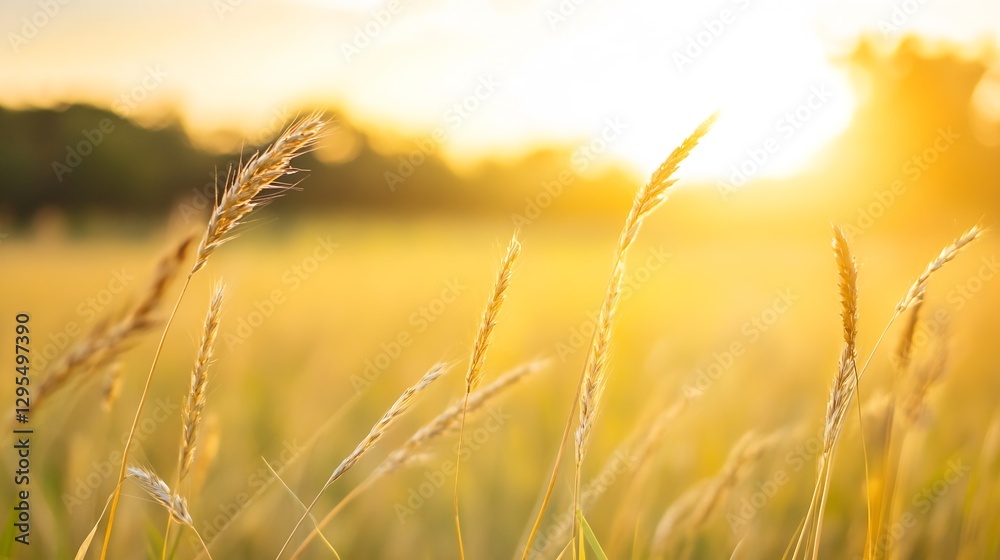 Obraz premium Golden Sunrise Over Wheat Field with Soft Golden Light and Gentle Breeze in the Air : Generative AI