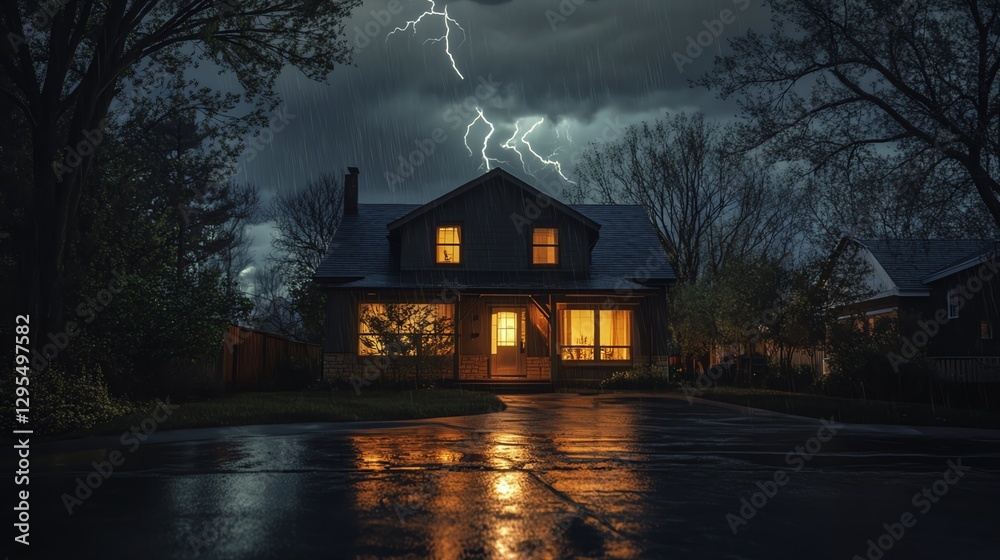 Fototapeta premium A dark house illuminated during a thunderstorm.
