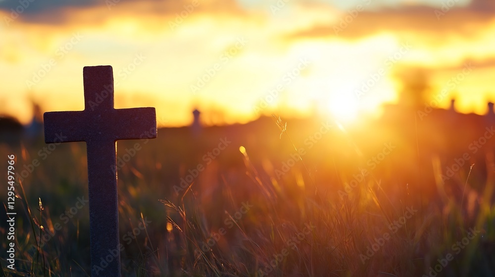Serene sunset view behind a cross set in a cemetery symbolizing peace and remembrance : Generative AI Serene sunset view behind a cross set in a cemetery symbolizing peace and remembrance : Generative AI