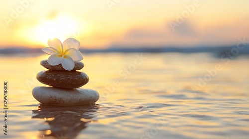 Peaceful stack of stones with a white flower symbolizing tranquility at sunset by the water : Generative AI