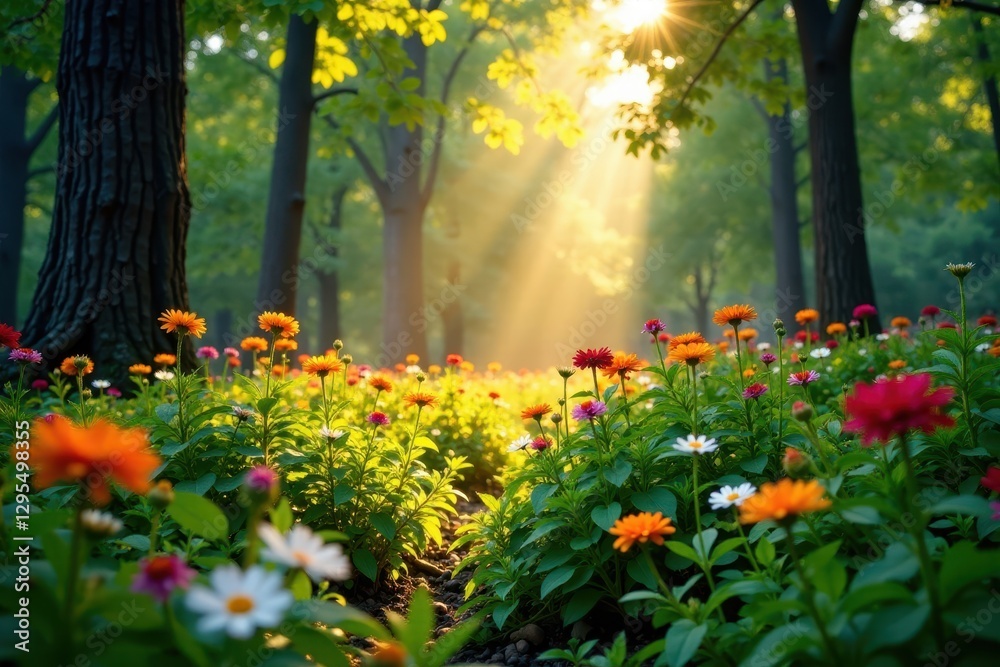 Obraz premium Lush underbrush and wildflowers illuminated by sunbeams peeking through tree branches, leafy greens, sunlight, foliage