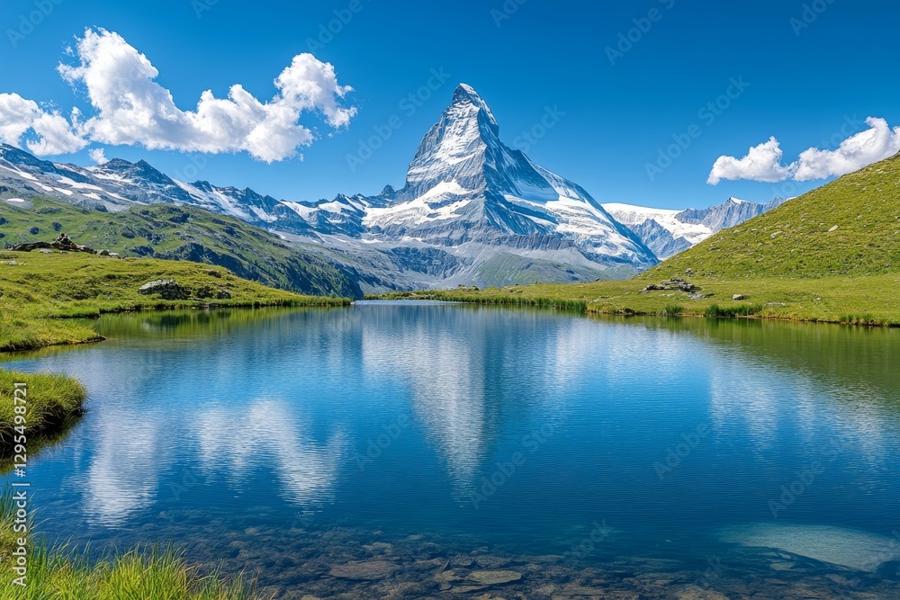 Stunning panoramic view of the matterhorn and stanserin lake in zermatt, switzerland on a sunny day Stunning panoramic view of the matterhorn and stanserin lake in zermatt, switzerland on a sunny day