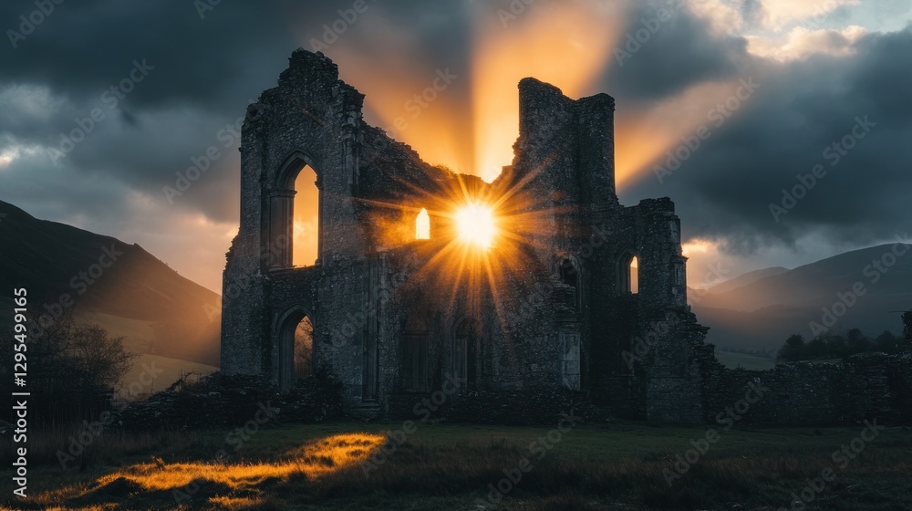 Fototapeta premium Sunburst shines through the ruins of an old stone abbey