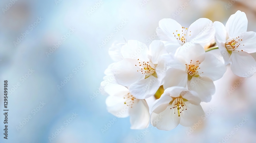 Delicate White Cherry Blossom Flowers Blooming Against a Soft Blue Background : Generative AI Delicate White Cherry Blossom Flowers Blooming Against a Soft Blue Background : Generative AI