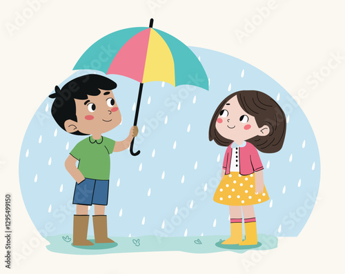 boy offers a girl to take shelter under the umbrella