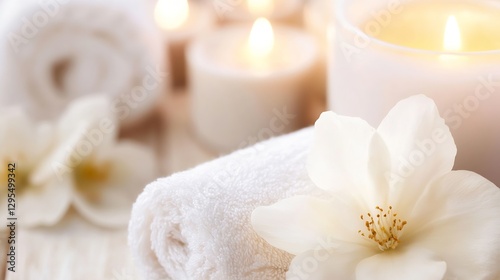 Spa Essentials with Soft Towels Candles and White Flower for Relaxing Ambiance : Generative AI