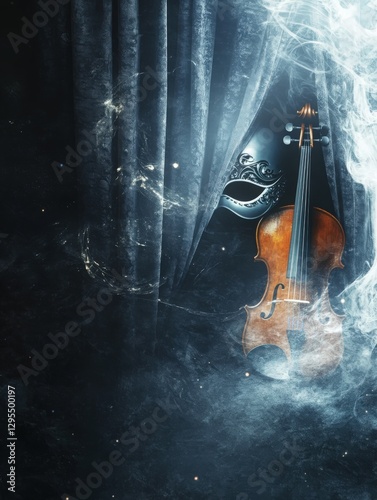 Opera event poster background featuring curtain lighting, a violin, and a mask, symbolizing the elegance and drama of theatrical music performances. Perfect for advertising classical concerts
