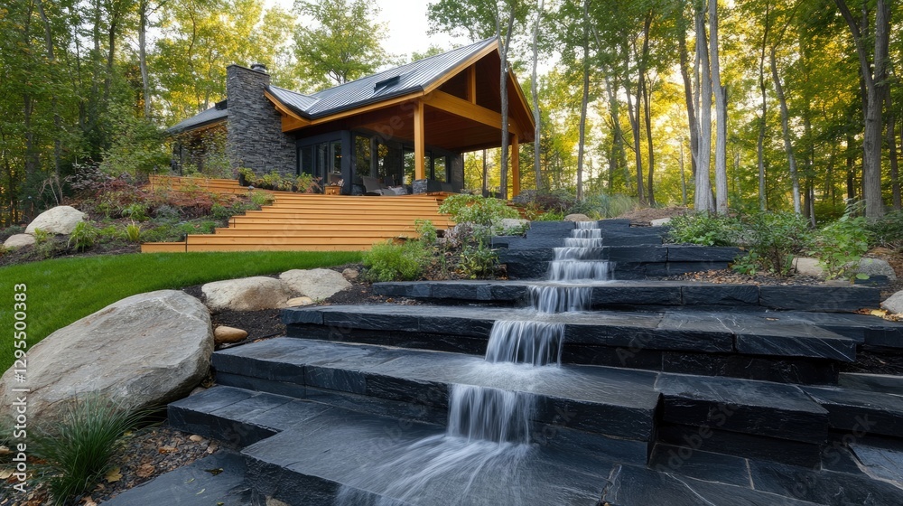 A contemporary deck area beside a dark stone waterfall for a sophisticated outdoor look. A contemporary deck area beside a dark stone waterfall for a sophisticated outdoor look.