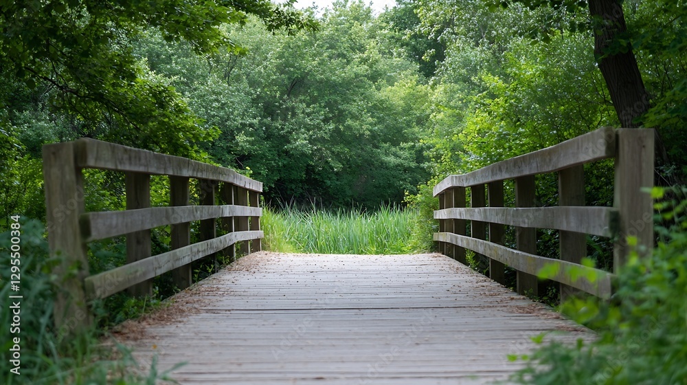 Beautiful wooden bridge leading into a lush green forest surrounded by vibrant trees and plants : Generative AI Beautiful wooden bridge leading into a lush green forest surrounded by vibrant trees and plants : Generative AI