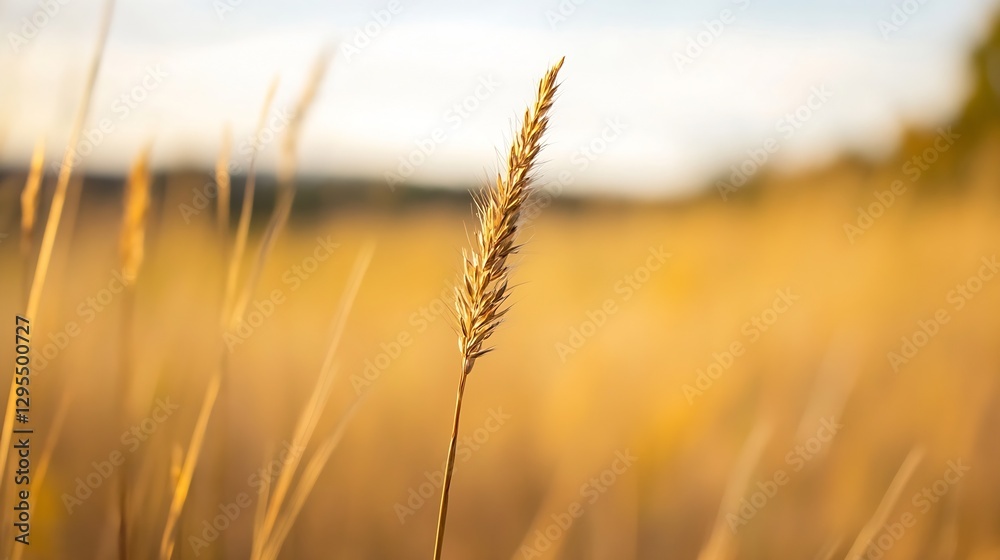 Fototapeta premium Golden Grass Spike in Stunning Natural Field at Dusk with Soft Focus Background : Generative AI