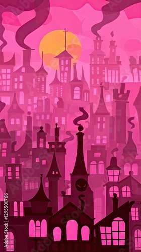 Pink city skyline sunset, fantasy illustration, game background