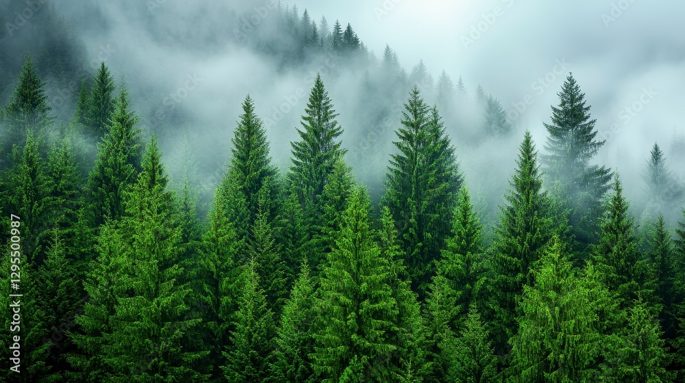 Lush Green Pine Forest with Fog and Misty Mountains in Background Lush Green Pine Forest with Fog and Misty Mountains in Background