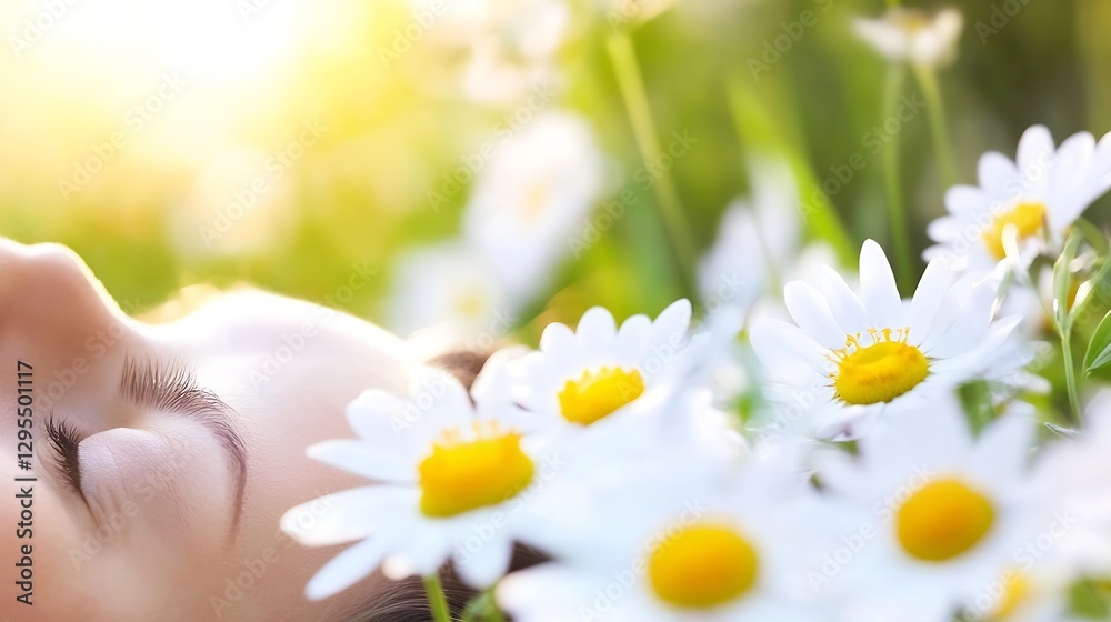 Peaceful woman lying in meadow surrounded by cheerful daisies and sunlight : Generative AI Peaceful woman lying in meadow surrounded by cheerful daisies and sunlight : Generative AI