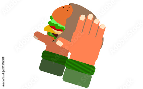 ハンバーガーを掴む手
