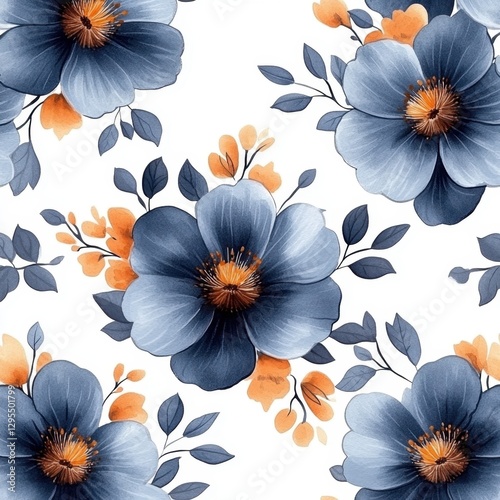 Fototapeta Naklejka Na Ścianę i Meble -  Watercolor floral pattern with blue flowers and orange accents on a white background creating a serene and elegant visual