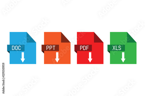 File format extensions. doc, xls, ppt, pdf file format document icons.
