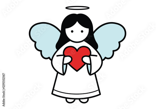 Angel with heart clipart. An angel with blue wings, a halo, and a white robe holding a red heart. Vector illustration design.