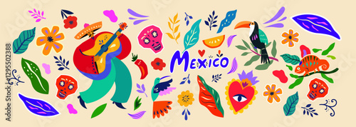 Mexican ornament decor. Beautiful vector banner with design for Mexican holiday. Vector template with traditional Mexican symbols.