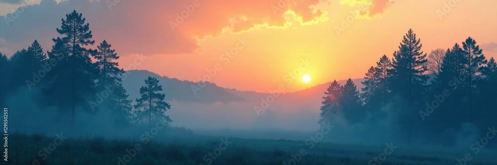 Misty forest landscape with silhouetted blue and green trees against a warm sunlit sky, warm sunlight, foliage, wild animals Misty forest landscape with silhouetted blue and green trees against a warm sunlit sky, warm sunlight, foliage, wild animals