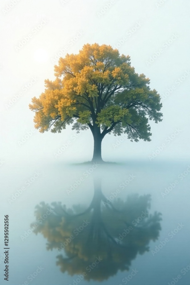 Obraz premium Misty fog swirling around a lone tree on an abstract white background, tree, peaceful, calm