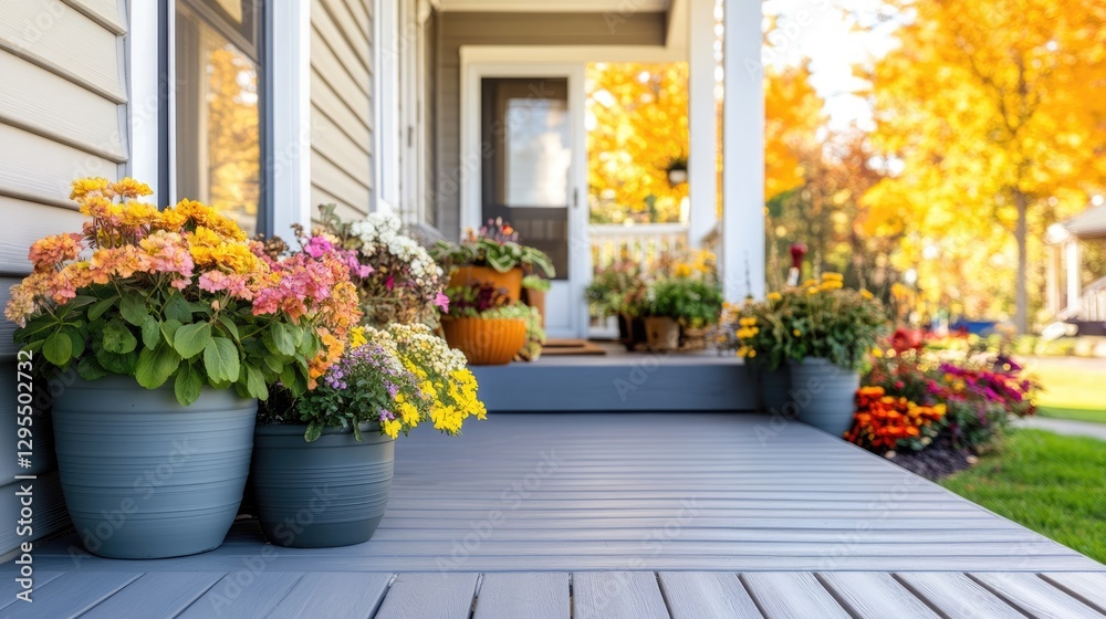 Fototapeta premium A front porch featuring decorative potted plants in matching containers.
