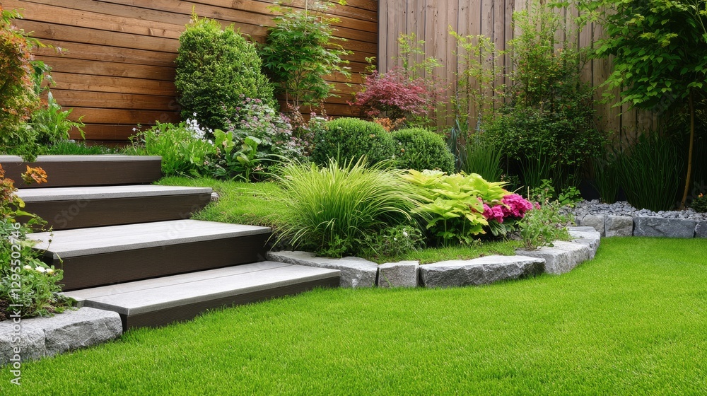 Obraz premium A garden pathway with alternating grass and stone steps.
