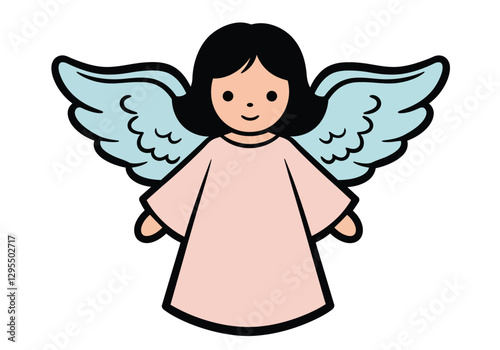 Simple angel clip art. This image shows a cartoon angel with blue wings and a pink robe. Vector illustration design.